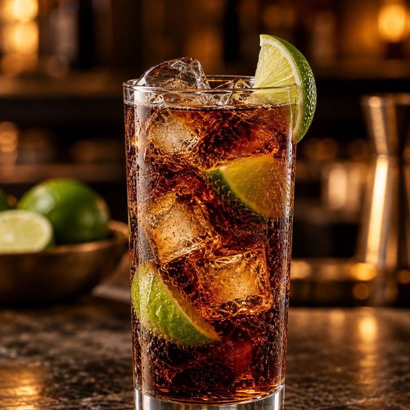 Dark Cuba Libre over ice in a highball glass with lime wedges.