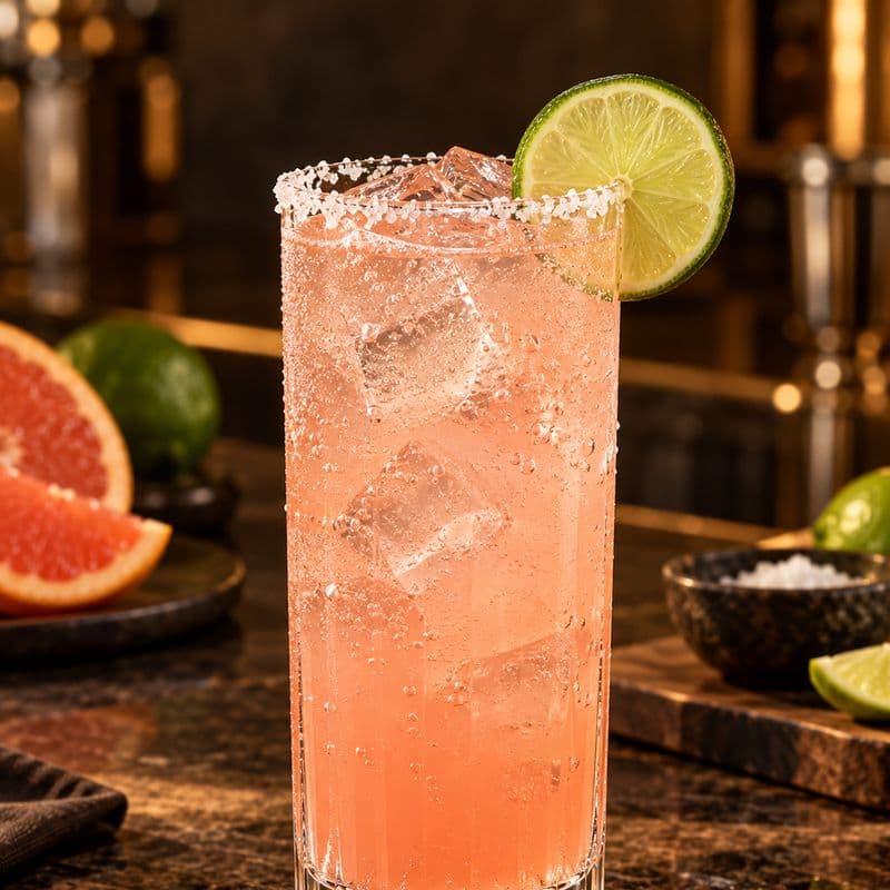 Pale pink Paloma over ice in a highball glass with lime.