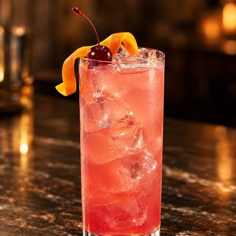 Pink Sea Breeze over ice with orange zest and a cocktail cherry.