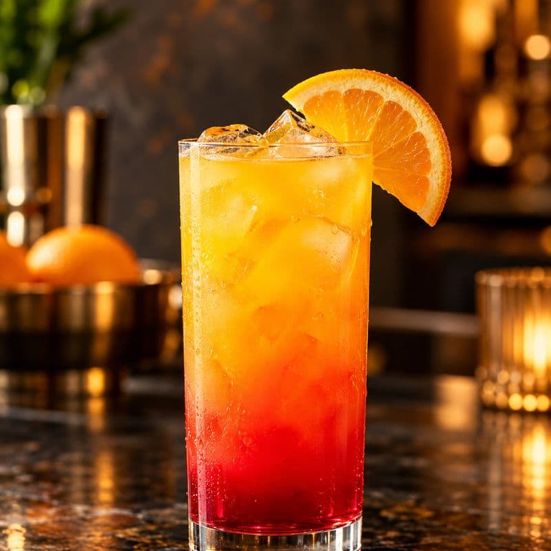 Orange Tequila Sunrise fading to red at the base, with an orange slice.